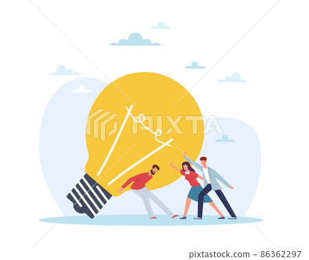 Teamwork of creating an idea. Group of people raise huge light bulb. Brainstorming and creativity process. Creative idea and start up. Vector cartoon flat isolated business concept Teamwork of creating an idea. Group of people raise huge light bulb. Brainstorming and creativity process. Creative idea and start up. Vector cartoon flat isolated business concept 86362297