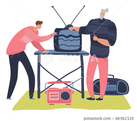 Men looking at old electronics. Vintage device trading Men looking at old electronics. Vintage device trading 86362320