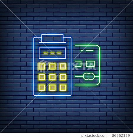 Vector POS credit card, banking terminal, payments methods neon sign. Vector POS credit card, banking terminal, payments methods neon sign. 86362339