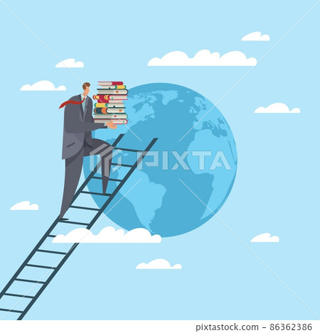 Education and knowledge, way to top of world. Self-education, personal growth. Successful businessman on ladder with books. Vector isolated business concept 86362386