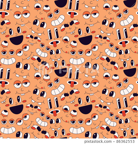 Seamless pattern of faces with different emotions on an orange background in the cartoon style of the 70s. Vector illustration Seamless pattern of faces with different emotions on an orange background in the cartoon style of the 70s. Vector illustration 86362553