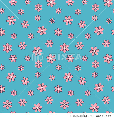 Seamless pattern with pink flowers on a blue background in the cartoon style of the 70s. Vector illustration Seamless pattern with pink flowers on a blue background in the cartoon style of the 70s. Vector illustration 86362556