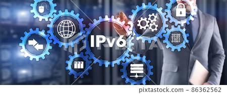IPv6. Businessman pressing touch screen interface and select icon Internet Protocol 86362562