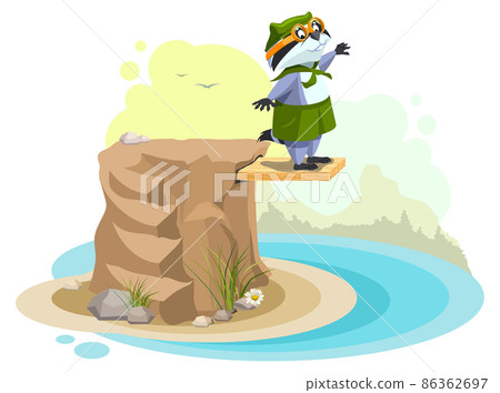 Boy scout animal raccoon jump into water from diving board jumping 86362697