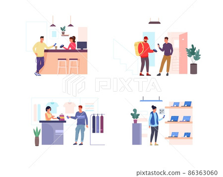 People use mobile payment. Cashless contactless pay scan qr code mobile app, client system buy in store using digital banking, electronic transfer terminal garish vector 86363060