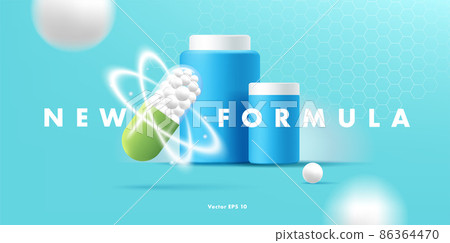 web banner with drug medicine bottles and pill, new formula promo, blue plastic bottles and background with molecules 86364470