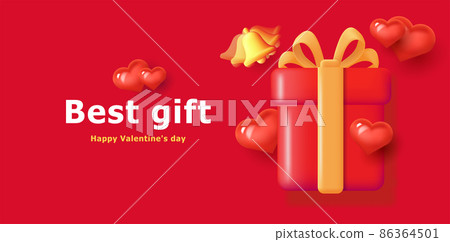 Best Valentine gift banner with 3d gift box illustration with volume hearts and ringing bell 86364501