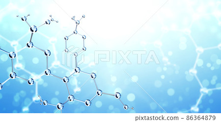 Horizontal banner with model of abstract molecular structure. Background of blue color with glass molecule and sparks Horizontal banner with model of abstract molecular structure. Background of blue color with glass molecule and sparks 86364879