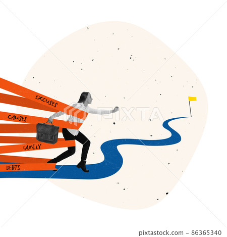 Contemporary art collage. Strong employee, businesswoman moving forward through red tape overcoming difficulties Contemporary art collage. Strong employee, businesswoman moving forward through red tape overcoming difficulties 86365340
