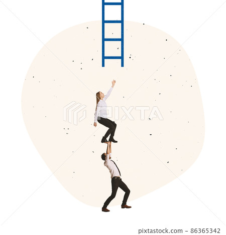Contemporary art collage. Office worker helping employee to reach climbing ladder of success Contemporary art collage. Office worker helping employee to reach climbing ladder of success 86365342