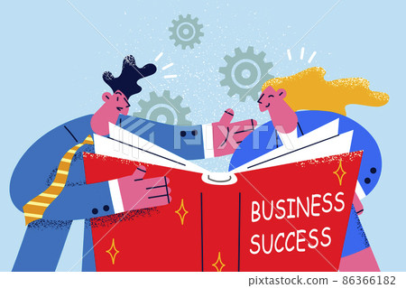 Happy colleagues read book about business success Happy colleagues read book about business success 86366182