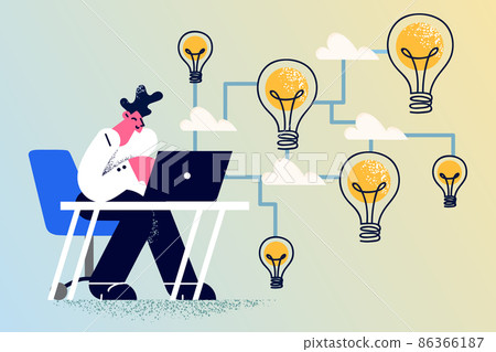 Businessman work on computer think of problem... - Stock Illustration ...