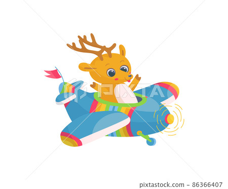 Cute deer flying on airplane or helicopter in cartoon flat style, vector illustration isolated on white background. Cute deer flying on airplane or helicopter in cartoon flat style, vector illustration isolated on white background. 86366407