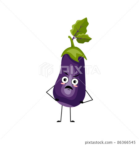 Eggplant character with angry emotions, grumpy face, furious eyes, arms and legs. Person with irritated expression, vegetable emoticon. Vector flat illustration 86366545