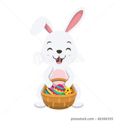 Cute little white bunny with basket of Easter egg - Stock Illustration ...