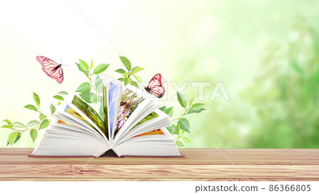 Book of nature. Horizontal banner with book open and two Monarch butterflies on wood table 86366805