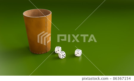 leather cup and three dice showing six 86367154