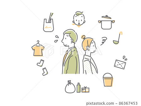 A young couple working together who are worried about housework and childcare. Simple and stylish line art illustrations. 86367453