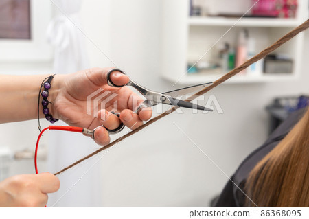 Professional hair stylist holding comb and hot thermal scissors cutting tips of long straight hair lock closeup. Professional hair stylist holding comb and hot thermal scissors cutting tips of long straight hair lock closeup. 86368095