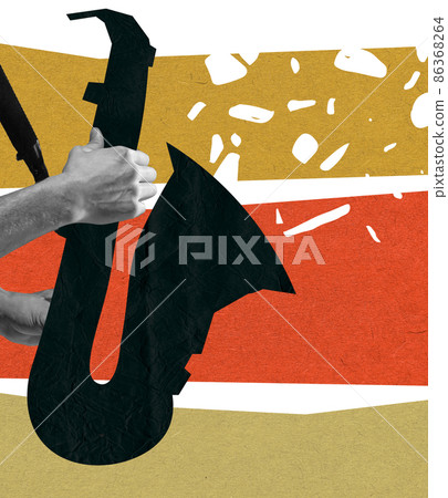 Contemporary art collage, modern design. Retro style. Male hands playing drawn saxophone on light abstract background 86368264