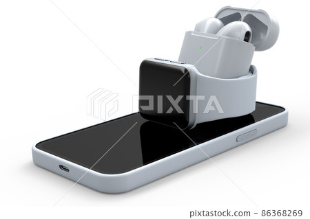 Mockup of smart watches and wireless bluetooth headphones lying on smartphone. Mockup of smart watches and wireless bluetooth headphones lying on smartphone. 86368269