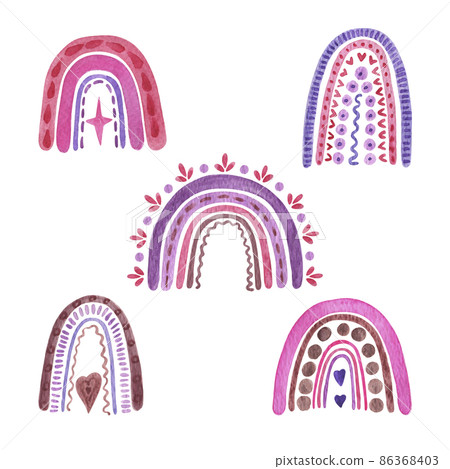 Pink, violet rainbows cute nursery watercolor simple illustration in hand drawn style, trendy children ornament for baby shower, nursery decor, party, cards, invitations, papercraft, positive design 86368403