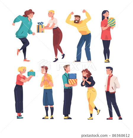 People Character Giving and Receiving Gift Box Engaged in Holiday Congratulation Vector Illustration Set People Character Giving and Receiving Gift Box Engaged in Holiday Congratulation Vector Illustration Set 86368612