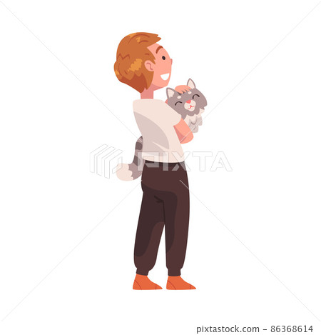 Elated Boy Character Standing with Cat Pet and Waiting for Someone Vector Illustration 86368614