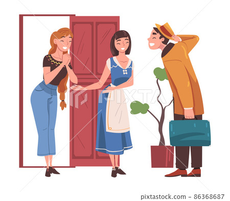 Happy Man Character Coming Back and Returning Home Standing Near Open Door with Relatives Welcoming Him Vector Illustration Happy Man Character Coming Back and Returning Home Standing Near Open Door with Relatives Welcoming Him Vector Illustration 86368687
