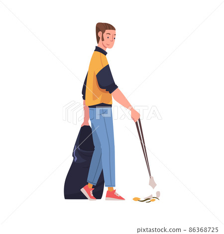 Man Character with Stick and Sack Collecting Garbage Cleaning Street Vector Illustration Man Character with Stick and Sack Collecting Garbage Cleaning Street Vector Illustration 86368725