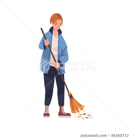 Woman Character with Broom Collecting Garbage Cleaning Street Vector Illustration 86368732