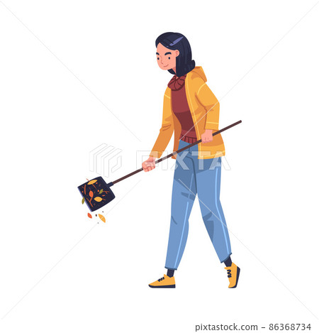 Woman Character with Shovel Collecting Garbage Cleaning Street Vector Illustration 86368734
