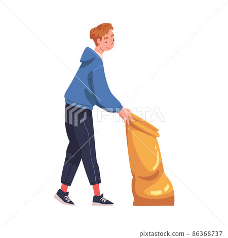 Man Character with Sack Collecting Garbage Cleaning Street Vector Illustration 86368737