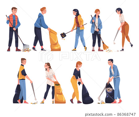 People Character Collecting Garbage in Sack Cleaning Street Vector Illustration Set 86368747