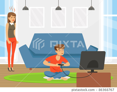 Bad Habit with Man Addicted to Video Games Sitting and Playing with Gamepad Vector Illustration Bad Habit with Man Addicted to Video Games Sitting and Playing with Gamepad Vector Illustration 86368767