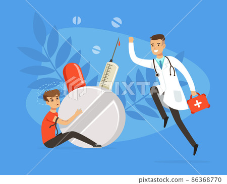 Bad Habit with Man Addicted to Drugs Sitting with Syringe and Doctor Rushing to Rescue Vector Illustration Bad Habit with Man Addicted to Drugs Sitting with Syringe and Doctor Rushing to Rescue Vector Illustration 86368770