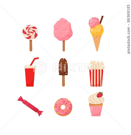 Sweet junk food with candy, ice cream, donut and popcorn - flat vector illustration isolated on white background. Sweet junk food with candy, ice cream, donut and popcorn - flat vector illustration isolated on white background. 86369185