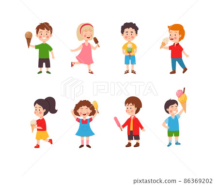 Kids with ice cream in flat vector illustration isolated on white background Kids with ice cream in flat vector illustration isolated on white background 86369202