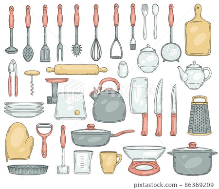 Cooking pot, frying pan, saucepan. Kitchen set. Hand drawn vector