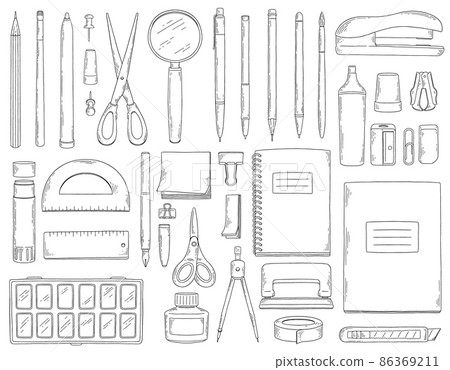 Set of hand drawn black and white stationery for office or school isolated on white background. Vector sketch illustration of objects for study. 86369211