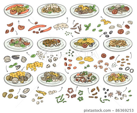 Pasta macaroni dishes and sauces recipes, sketch vector illustration isolated. Pasta macaroni dishes and sauces recipes, sketch vector illustration isolated. 86369253