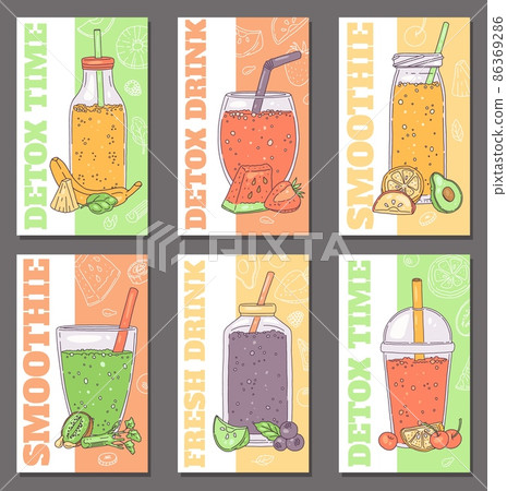Set of posters with various drinks in bottles, glasses for detox menu in sketch 86369286