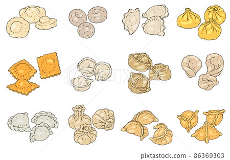 Set of different types of dumplings made from dough with meat filling 86369303