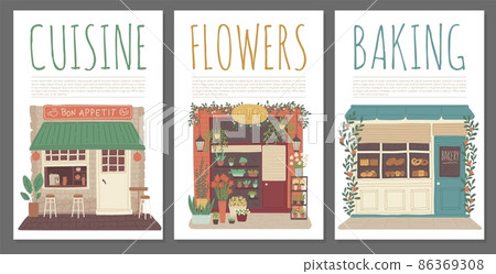 Cafe, flower shop and bakery advertising posters set with copy space for text, flat vector illustration. 86369308