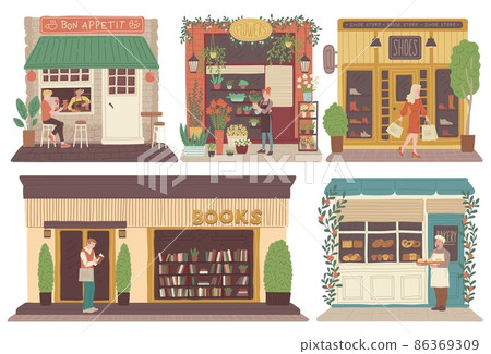 People on the city street in front of cafe, bookstore and bakery, flat vector illustration isolated on white background. People on the city street in front of cafe, bookstore and bakery, flat vector illustration isolated on white background. 86369309