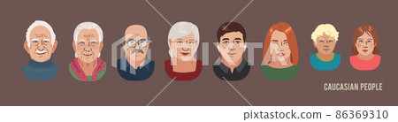 Caucasian People Head Avatar Set. Different Characters. Man Woman and Children Portrait Cartoon Illustration. Children Adult and Older people. White skin faces. Vector Illustration Caucasian People Head Avatar Set. Different Characters. Man Woman and Children Portrait Cartoon Illustration. Children Adult and Older people. White skin faces. Vector Illustration 86369310