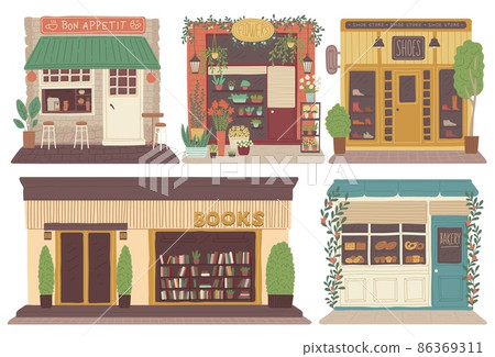 Shops and cafes buildings exterior in the city, flat vector illustration isolated on white background. 86369311
