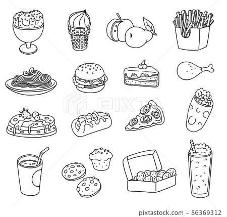 Fast food icons set in outline doodle style, vector illustration isolated on white background. 86369312