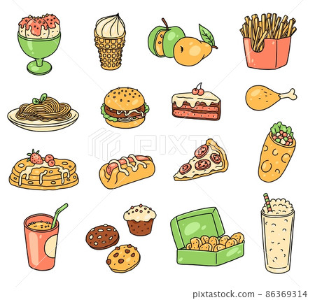 Delicious food and meals for kids in cute doodle style, vector illustration isolated on white background. 86369314