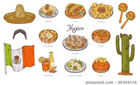Mexican culture and cuisine symbols sketch color vector illustration isolated. Mexican culture and cuisine symbols sketch color vector illustration isolated. 86369316